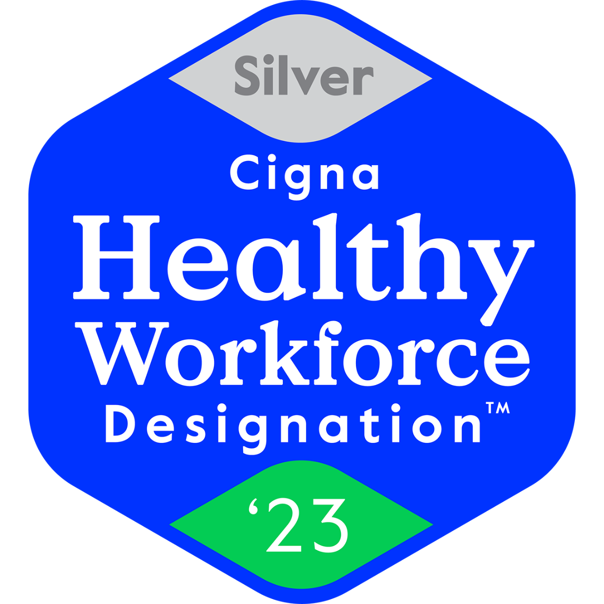 Cigna Healthy Workforce Designation logo featuring a blue hexagon with the word "Silver" at the top, and "'23" at the bottom.