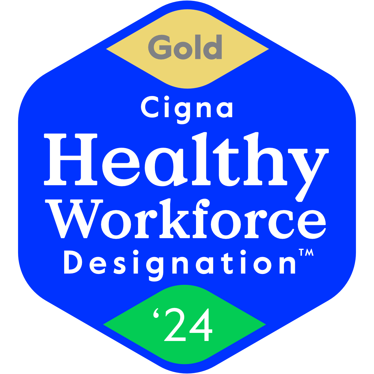 A blue badge featuring the text "Cigna Healthy Workforce Designation™" in white, with a gold banner above indicating "Gold" and the year "'24" at the bottom.