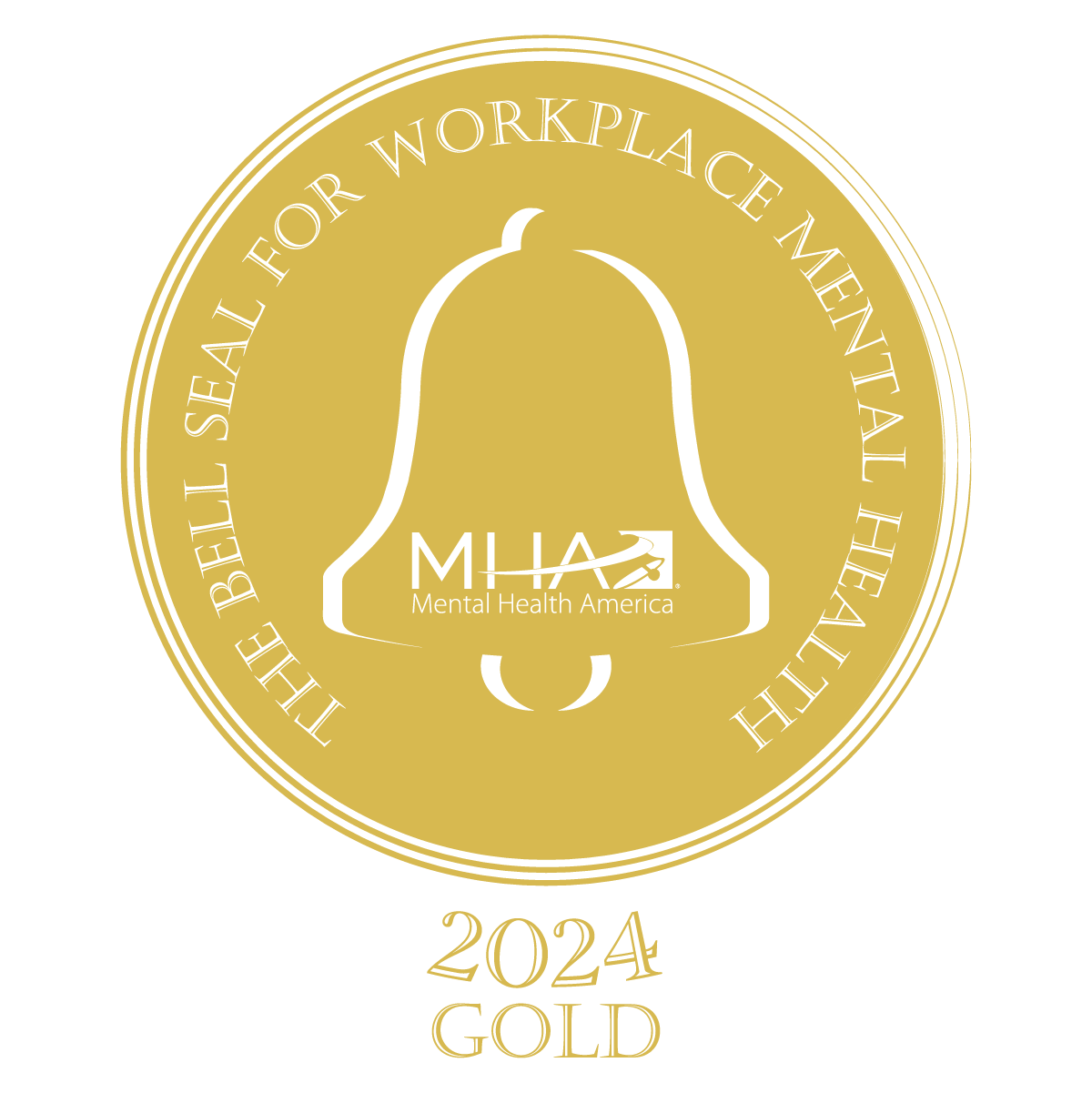 Gold seal for the Bell Seal for Workplace Mental Health 2024, featuring a bell icon and the logo for Mental Health America.
