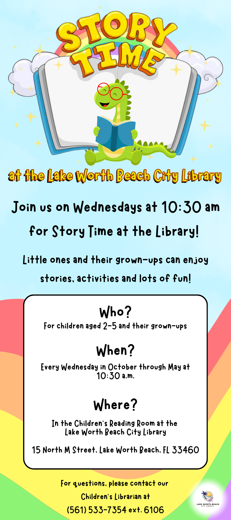 Story time flyer with dragon, book and rainbow. Wednesdays at 10:30.